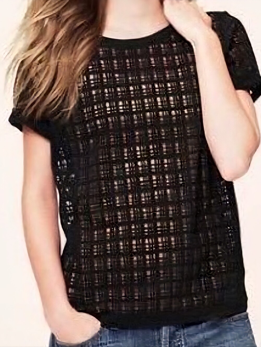 LOFT Black Short-Sleeve Sheer Grid Lace Overlay Tee